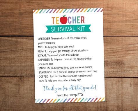 Editable Teacher Survival Kit card for appreciation week or for any day of the year. All text is editable. Edit the list easily and instantly on Corjl's online editing tool. Try before you buy. Copy and paste the link below: https://www.corjl.com/d/3GKL WHAT YOU WILL RECEIVE • 4.5x6" editable template Staff Survival Kit, Office Employee, Sweet Thoughts, Survival Kit For Teachers, Teacher Survival, Birthday Friends, Photography Mini Sessions, Employee Appreciation Gifts, Staff Appreciation