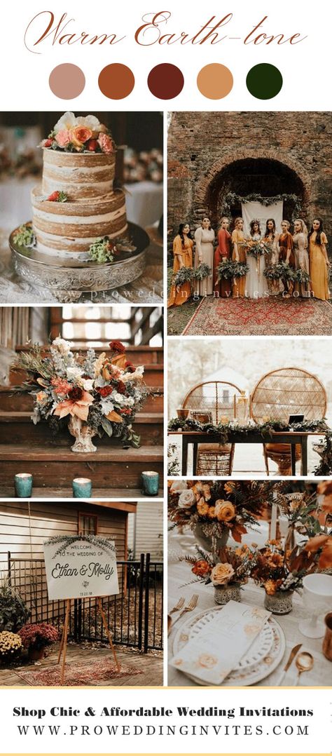 10 Best Wedding Color Palettes: Warm Earth-tone, Rust, Copper-Inspired Wedding Photo Styles, Wedding Colors For 2023, Rustic Chic Wedding Ideas, Copper Wedding Colors, Pink Wedding Color Scheme, Earth Tone Wedding, Barn Wedding Invitations, Fall Wedding Color Schemes, Rusting Wedding