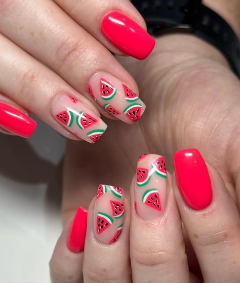 Sizzle This Summer with 38 Watermelon Nail Designs - Get Inspired Now! - divagaze.com Watermelon Inspired Nails, Watermelon Toe Nail Designs, Summer 2024 Nails Design, Watermelon Nails Acrylic, Nails With Watermelon, Watermelon Nails Design, Summer Nails Watermelon, Fruit Nail Ideas, Elegant Summer Nails