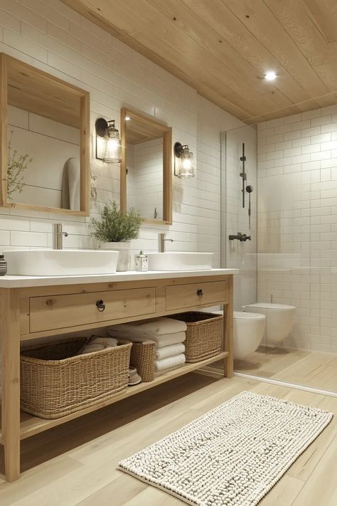 41 Cozy Hygge Scandinavian Bathrooms You’ll Love | VIVA Small Farmhouse Bathroom Ideas, Bathroom Scandinavian Style, Scandinavian Interior Bathroom, Farm Style Bathrooms, Scandinavian Bathroom Design Ideas, Rustic Bathroom Shower, Scandinavian Bathroom Design, Small Space Bathroom Design, Small Farmhouse Bathroom