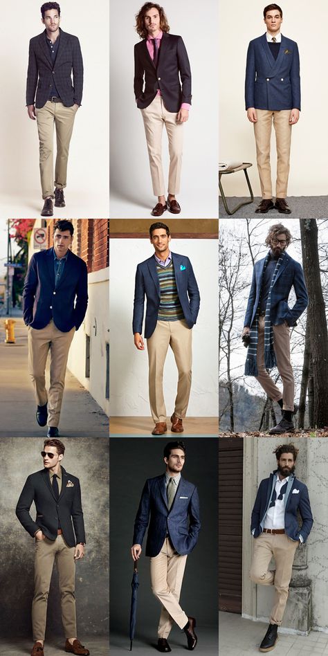 Blue And Beige Outfit Men, Khaki Trousers Outfit Men, Navy Jacket Outfit Men, Mix And Match Suits Men, Beige Trousers Outfit Men, Separates Outfit, Beige Trousers Outfit, Trousers Outfit Men, Mens Navy Jacket