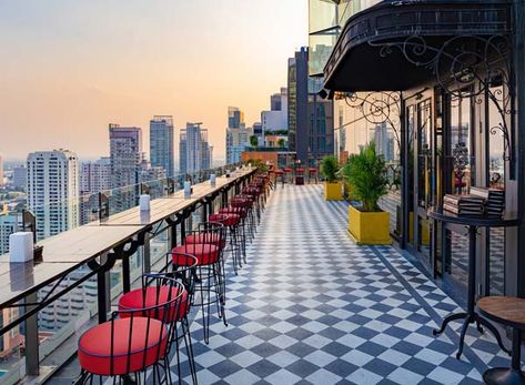 Mojjo Rooftop Lounge & Bar - Rooftop bar Bangkok Roof Terrace Design Rooftop Bar, Rooftop Lounge Bar, Art Deco Floor Tiles, Sky Bar Bangkok, Rooftop Bar Design, Roof Top Cafe, Art Deco Floor, Modern Restaurant Design, Outdoor Restaurant Design