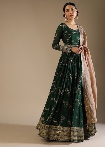 Bottle Green Anarkali Suit In Silk With Zari And Sequins Embroidered Floral Jaal And A Beige Organza Dupatta Bottle Green Anarkali, Green Anarkali, Desi Dress, Kalki Fashion, Anarkali Dress Pattern, Pakistani Fancy Dresses, Indian Dresses Traditional, Traditional Indian Outfits, Indian Gowns Dresses