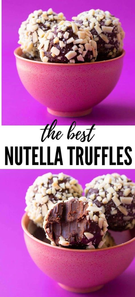 You'll love these easy 4 ingredient Nutella Hazelnut Chocolate Truffles. Creamy chocolate ganache truffles made with Nutella and covered in crunchy hazelnuts. These bite-sized treats are gluten-free and will be the star of any party or celebration. Recipe from sweetestmenu.com #truffles #chocolate #nutella Hazelnut Truffles Recipe, Treats With Nutella, Hazelnut Truffles, Nutella Treats, Nutella Truffles, Brownie Vegan, Dessert Truffles, Milkshakes, Nutritious Smoothies