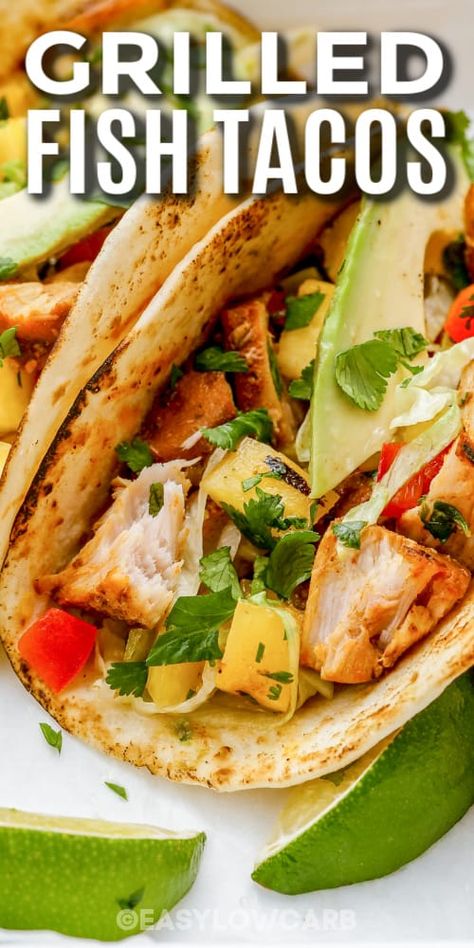 Fish Taco Marinade, Halibut Fish Tacos, Taco Fixings, Avocado Sour Cream, Grilled Catfish, Mahi Mahi Tacos, Grilled Mahi Mahi, Grilled Fish Tacos, Glo Girl