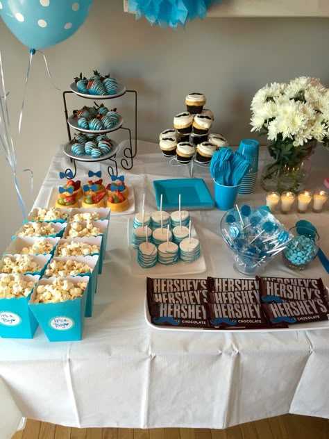 Boy Side of the Snack Table Gender Reveal Baby shower Blue Snacks Table, Baby Shower Snacks Boy, Table Snacks, Gender Ideas, Baby Shower Appetizers, Shower Snacks, Baby Shower Food Ideas, Baby Shower Desserts Boy, Shower Food Ideas