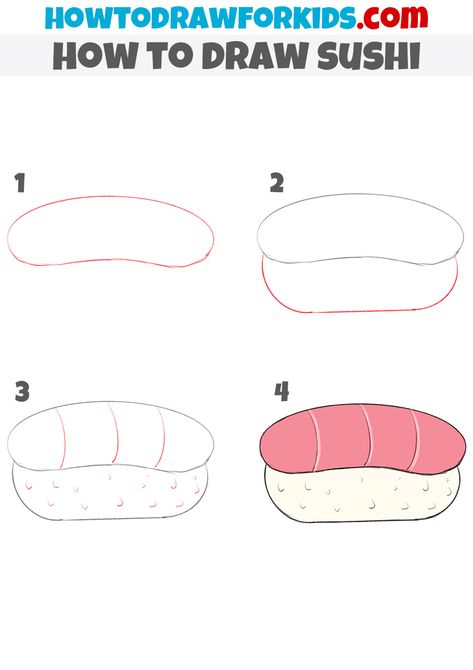 Food Drawing Easy Step By Step, How To Draw Sushi Step By Step, How To Draw Sushi, How To Draw Food Step By Step, Sushi Drawing Easy, Sushi Step By Step, How To Draw Food, Sushi Sketch, Drawing Sushi