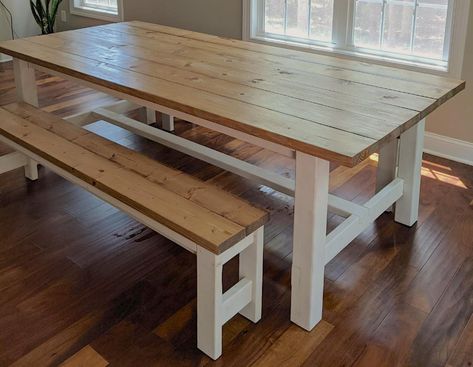 Drop Leaf Dining Table Diy, Kitchen Table Bench Diy, Farmhouse Dining Table Plans, Diy Table And Bench, Farm Table Plans, Diy Bord, Farmhouse Picnic Table, Farmhouse Table Diy, White Farmhouse Table