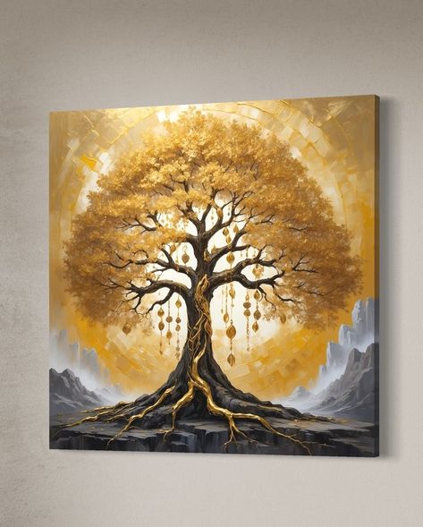 THE FLOW OF FORCE , canvas 80x80cm This painting shows strength and energy that bring financial success. The golden tree takes its power from the earth, and it stands for growing your wealth and finding success. Each branch is like a path where good things flow, and the golden leafs show luck and stability. They help you reach your goals. This tree is full of energy for success and attracts money and well-being to anyone who connects with it. Available to buy 💸 Price 850€ #ArtForInter... Gold Leaf Tree Painting, Gold Acrylic Painting Canvases, New Art Ideas Creativity, Money Tree Painting, Bedroom Artwork Ideas, Art Inspiration Painting Canvas Ideas, Creative Artwork Ideas, Black Painting Canvas, Gold Black Painting