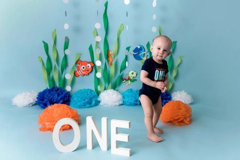 Finding Nemo Birthday Photoshoot, Finding Dory Smash Cake Ideas, Finding Nemo Backdrop Ideas, Finding Nemo Cake Smash, Finding Nemo Backdrop, Finding Nemo Smash Cake, Nemo Photoshoot, Finding Nemo First Birthday Boy, Finding Nemo 1st Birthday Party Ideas