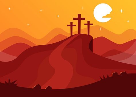 Mount Calvary With Three Crosses Three Crosses Painting, Painting Thoughts, Calvary Cross, Friday Illustration, Mount Calvary, Christian Typography, Cross Background, Cross Drawing, Three Crosses