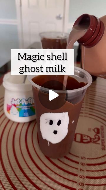 Hannah Gray | One Sweet Mama on Instagram: "👻chocolate milk

If you add magic shell to the cups, make sure you put them in the freezer long enough BEFORE you put the chocolate milk in! You can also leave that out and just use chocolate milk.

May your 👻 be more artistic than mine 😂

#halloween #chocolatemilk" Magic Shell, Halloween Drinks, Chocolate Milk, Make Sure, Shells, Milk, Audio, Canning, Halloween