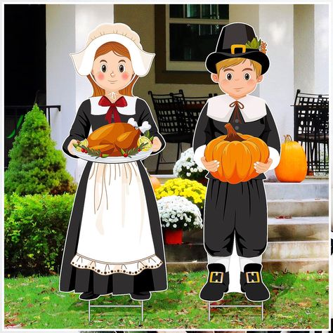 Large Thanksgiving Pilgrim Yard Sign Pilgrim Boy Girl Pumpkin Turkey Happy Fall Yard Lawn Sign with H Stands for Autumn Thanksgiving Harvest Party Outdoor Supplies Decoration, 33 x 12.6 Inch Wooden Stakes, Fall Lawn, Outdoor Fall Decor Ideas, Fall Yard, Fall Harvest Decorations, Outdoor Thanksgiving, Thanksgiving Background, Porch Pumpkins, Thanksgiving Pilgrims