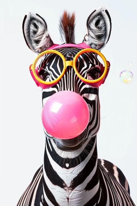 Zebra wearing goggles blowing bubble gum, serious expression. Bubble Gum Bubble, Gum Bubble, Serious Expression, Blowing Bubble Gum, Funny Artwork, Frida Art, Animal Print Wallpaper, Cool Backgrounds Wallpapers, Blowing Bubbles