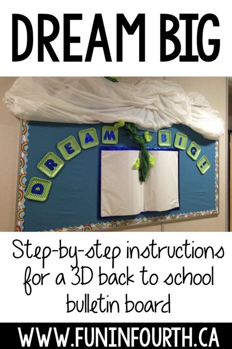 Step by step instructions for a DIY back to school� Book Bulletin Board, Hallway Bulletin Boards, 3d Book, Diy Back To School, Back To School Bulletin Boards, Book Pins, School Bulletin Boards, Name Writing, School Resources