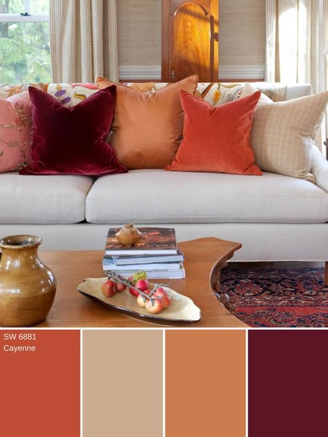 14 Ways to Decorate With Cayenne Orange | HGTV Color Crush, Cayenne, Spice Up, Orange, Pillows, Living Room, Red, Furniture, Color