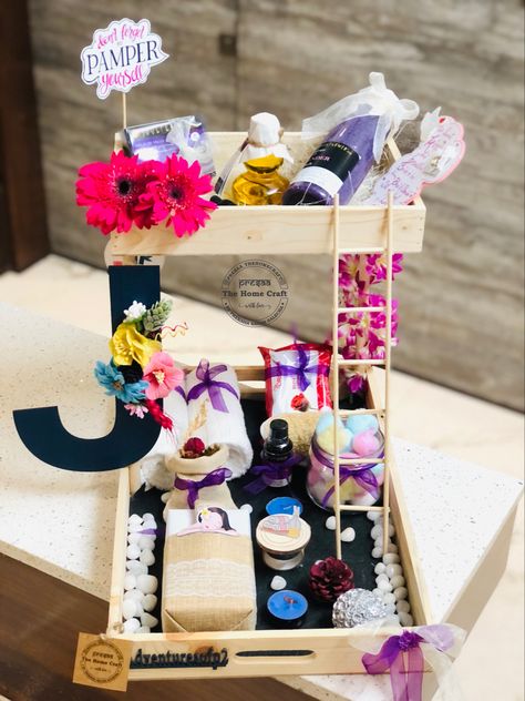 First Birthday Hamper Ideas, Bride To Be Hamper Ideas, Bride To Be Hamper, Indian Wedding Giveaways, Wedding Hampers, Handmade Hamper, Monogram J, Soon To Be Mrs, Wedding Favors Packaging