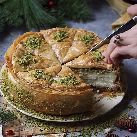 Baklava Cheesecake Recipe, Cheesecake Mixture, Phyllo Dough Recipes, Cheesecake Ingredients, Baklava Cheesecake, Pistachio Baklava, Raw Pistachios, Pecan Rolls, Baked Alaska