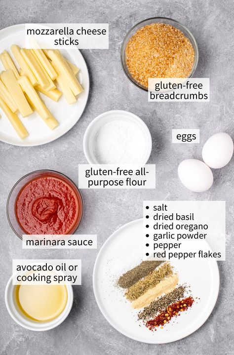 Gluten-Free Baked Mozzarella Sticks (Air Fryer Option) - Olivia's Kitchen Gluten Free Mozzarella Sticks, Baked Mozzarella Sticks, Baked Mozzarella, Mozzarella Sticks Recipe, Mozzarella Cheese Sticks, Gluten Free Bread Crumbs, Gluten Free Appetizers, Gluten Free Egg Free, Dairy Free Cheese