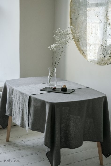 Forest Dining, Tablecloth Linen, Rustic Style Home, Bungalow Ideas, California Bungalow, Wedding Reception Table Decorations, Handmade Tablecloth, Custom Table Cloth, Grey Linen Bedding