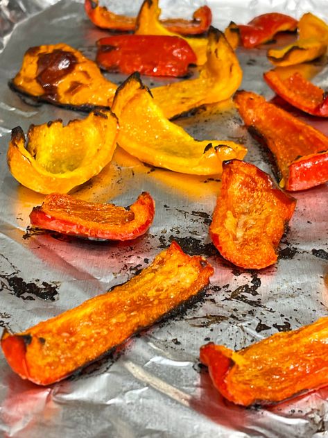 roasted bell peppers Crispy Bell Peppers, Recipes With Red Yellow Orange Peppers, Oven Roasted Bell Peppers, Orange Bell Pepper Recipes, Roasted Bell Peppers Oven, Roasted Peppers Oven, Orange Pepper Recipes, Roasted Red Bell Pepper, Freezing Peppers