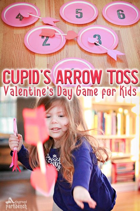 All you need for this easy Valentine's Day game for kids is paper plates, straws, construction paper and glue! They'll be tossing arrows like cupid in no time! The perfect party game for room moms to set up for classroom parties or at home for a festive holiday activity #valentinesday #kidspartygames Paper Games For Kids, Valentine's Day Game, Kids Valentine Party, Valentines Class Party, Toddler Playground, Valentine's Day Party Games, Valentine Party Game, Games For Kids Classroom, Kindergarten Valentines