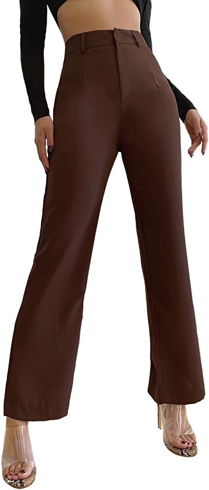 SweatyRocks Women's Elegant High Waist Solid Long Pants Office Trousers Brown S at Amazon Women’s Clothing store Formal Pants Women, High Waist Wide Leg Trousers, Types Of Jeans, Office Pants, Formal Pants, Brown Pants, Jeans Material, Branded Sweatshirts, Tailored Pants