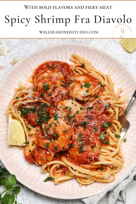 Spicy Shrimp Fra Diavolo with Linguine. Shrimp Fra Diavolo, Creamy Cajun Shrimp Pasta, Fra Diavolo, Lemon Garlic Pasta, Spicy Tomato Sauce, Pasta Night, Classic Italian Dishes, Garlic Pasta, Spicy Shrimp