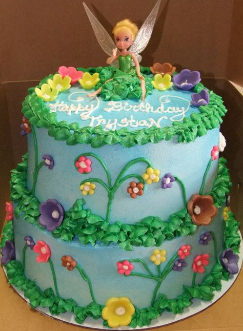 tinkerbell cakes | tinkerbell cake 2 tiered tinkerbell cake iced in buttercream w fondant ... Buttercream Leaves, Tinkerbell Cake Topper, Woodland Fairy Birthday, Fairy Garden Cake, Frosting Ideas, Fairy Birthday Cake, Tinkerbell Cake, Garden Cakes, Flowers Cake