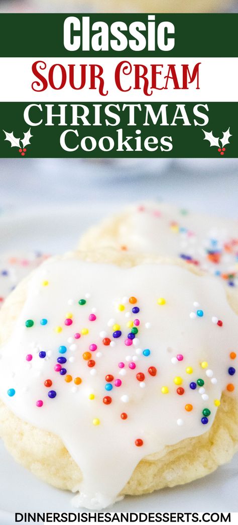 Sour Cream Cookies – soft and fluffy old fashioned sour cream sugar cookies topped with a vanilla glaze. Great for the holidays or anytime, just decorate with your favorite sprinkles. #christmascookies #christmasdesserts #christmasrecipes Sour Cream Drop Sugar Cookies, Sour Cream Uses Cooking, Soft Sour Cream Sugar Cookie Recipe, Cookies With Sour Cream In Them, Soft Sour Cream Sugar Cookies, Sugar Free Cookies Christmas, Sour Cream Christmas Cookies, Sour Cream Cookies Old Fashioned, Uses For Sour Cream