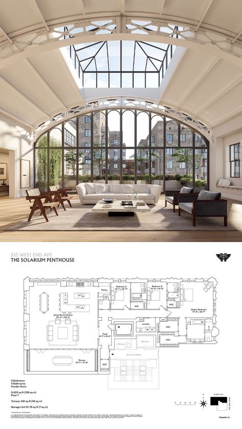 555 West End Avenue The Solarium Penthouse Modern Luxury Penthouse, Penthouse Floor Plan, Blueprints House, Living Room Modern Luxury, Penthouse Apartment Floor Plan, Small Spaces Ideas, Penthouse Ideas, Monochromatic Interior Design, Loft Floor Plans