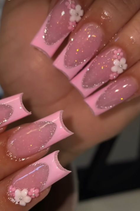 Nail Ideas Acrylic Hello Kitty, Long Nail Inspo Baddie Summer, Different Types Of French Tips, Pink Nail Inspired, Nail Ideas Acrylic Pink, Pink Prom Nail Ideas, Y2k Birthday Nails, Pink Nails Extra, Short Medium Nails Acrylic