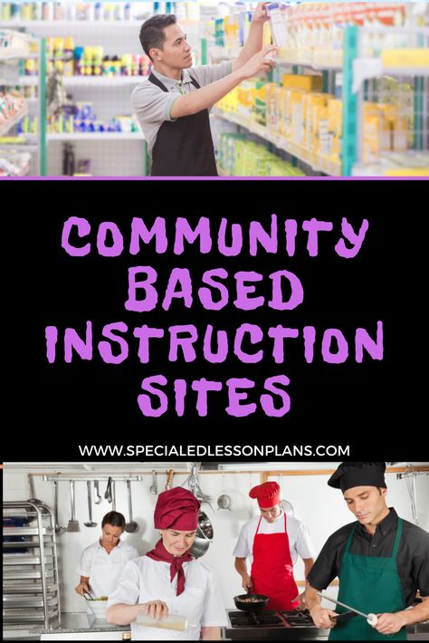 Community Based Instruction Sites in your community. Students can work on life skills, vocational training, independence, and career preparation while in the community. #SpecialEducation #lifeskills #lessonplans #vocationaltraining #teachingindependence #highschool #spedcurriculum #jobskills #specialedlessonplans #workskills Job Coaching Activities, Job Training Activities, Employability Skills Activities, Work Based Learning Special Education, Community Based Instruction Ideas, Unique Curriculum Special Education, Life Skills Activities For Special Needs, Functional Life Skills Special Education, Community Based Instruction