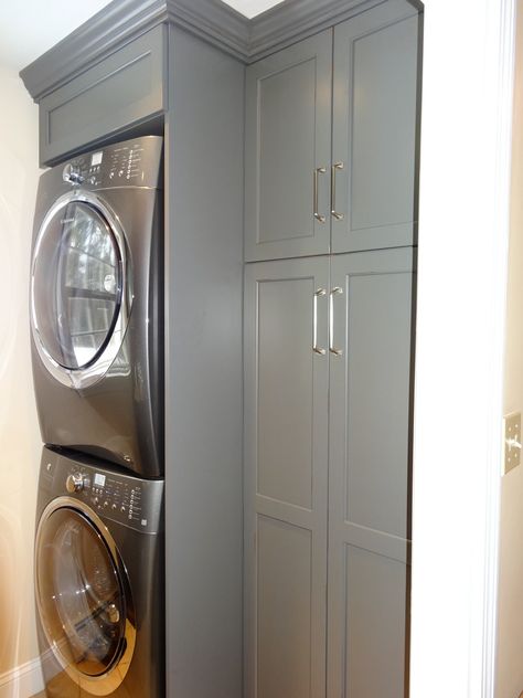 Laundry Room Stackable, Washer Dryer Laundry Room, Stackable Laundry, Transitional Laundry Room, Stacked Laundry Room, Laundry Room Storage Shelves, Small Laundry Room Organization, Room Storage Diy, Stackable Washer And Dryer