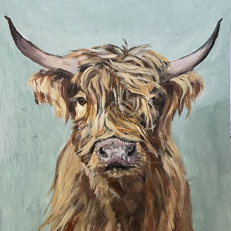 Highland cow Simple Highland Cow Painting, Highland Cow Painting Tutorial, Cow Painting Tutorial, Highland Cow Painting Easy, Acrylic Canvas Ideas, Cow Portrait, Highland Cow Painting, Underwater Portrait, Western Paintings