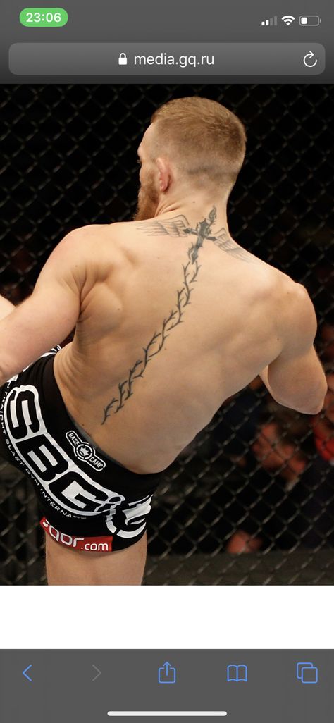 Back Tattoo Writing Man, Ufc Tattoo Ideas, Mcgregor Back Tattoo, Back Tats Men, Men Spine Tattoo, Spinal Tattoo For Men, Conor Mcgregor Back Tattoo, Back Tattoos For Guys Spine, Spine Tattoo Men