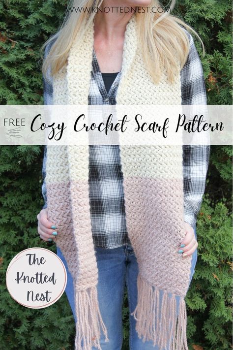 This crochet scarf is quick, easy, and of course, cozy! This bulky scarf uses the mini bean stitch to give it a great texture and the color block pattern and simple fringe add fun details. This scarf pattern is part of a matching set! #crochetscarfpattern #crochetforwinter #crochetaccessories #crochetgifts Mini Bean Stitch Crochet, Bean Stitch Crochet, Mini Bean Stitch, Twisted Ear Warmer, Easy Crochet Scarf, Bulky Scarf, Simple Scarf Crochet Pattern, Bean Stitch, Crocheted Scarf