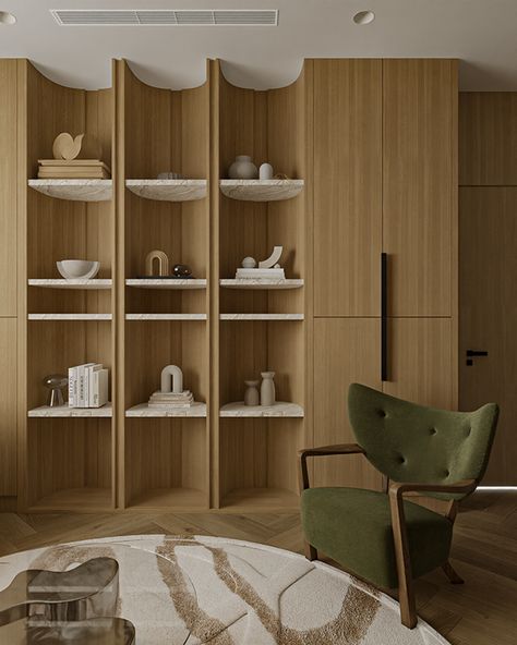 The project 22 - Duong house :: Behance Japandi Crockery Unit, Japandi Shelving, Elemental Design, Salas Living Room, Display Cabinet Design, Adams Homes, Chic House, Japandi Living, Shelf Cabinet