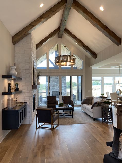 Vaulted Ceiling Off Center Fireplace, Dark Wooden Ceiling, Floating Beams Vaulted Ceiling, New Build Interior Design, Rustic Vaulted Ceiling, Vaulted Ceiling Windows, Vaulted Ceiling Living Room Open Concept, Sunroom Ceiling, Farmhouse 2023