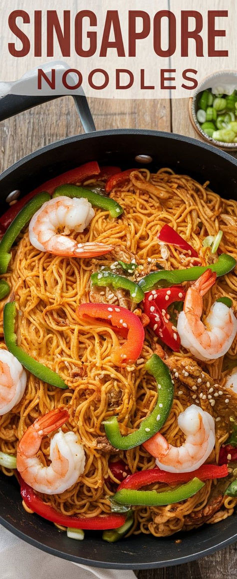 Whip up Singapore Noodles in no time! This delicious stir-fry features curry-flavored rice noodles, shrimp, and fresh vegetables for a light yet satisfying dish. Shrimp Curry Noodles, Singapore Noodles Recipe, London Broil Marinade, Noodles Shrimp, Shrimp Curry, Singapore Noodles, Shrimp Noodles, Spiced Rice, Shrimp Stir Fry