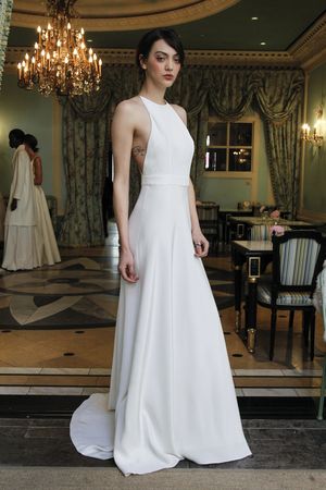 Modern wedding dress with high neckline + halter top from Delphine Manivet's Spring 2017 wedding dress collection {Dan Lecca} Classic Halter Wedding Dress, Halter Top Wedding Dress Simple, Elegant Halter Neck Wedding Gown, Minimalist Halter Wedding Dress, Feminine Halter Neck Wedding Dress, Halter Wedding Dress Simple, Wedding Dresses Halter Top, Wedding Dresses Halter, Halter Top Wedding Dress