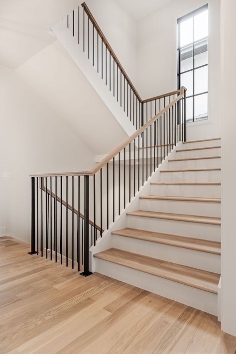 Staircase featuring iron and white oak railing and white oak finished on site flooring Oak Railing, Interior Stair Railing, Modern Stair Railing, Iron Staircase, House Staircase, Oak Stairs, Staircase Remodel, Open Staircase, Stairway Design