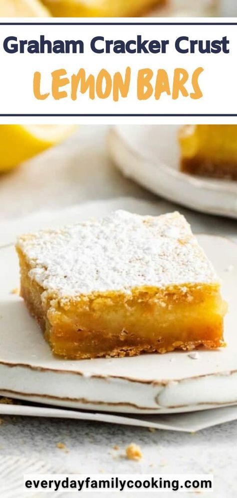 My lemon bars with graham cracker crust are full of citrus flavor! Featuring a crisp and buttery graham cracker crust, they’re a wonderfully sweet dessert. Enjoy as is or with whipped cream! Spring Baked Goods, Recipe For Lemon Bars, Bars With Graham Cracker Crust, Easy Lemon Bars, Lemon Tart Recipe, Desserts With Few Ingredients, Homemade Graham Cracker Crust, Lemon Bars Easy, Easy Easter Desserts