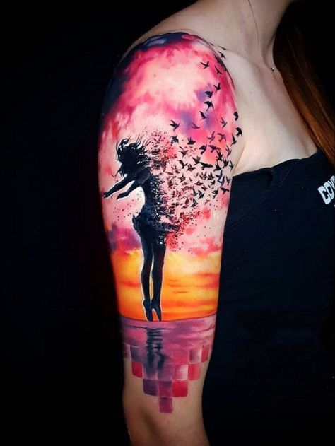 Inspiring Women Tattoo, Wind Tattoo Blowing, Colorful Shoulder Tattoos For Women, Colors Of The Wind Tattoo, Sky Tattoo Sleeve, Wind Tattoo Ideas, Watercolor Sleeve Tattoo, Watercolor Tatoos, Watercolor Sleeve