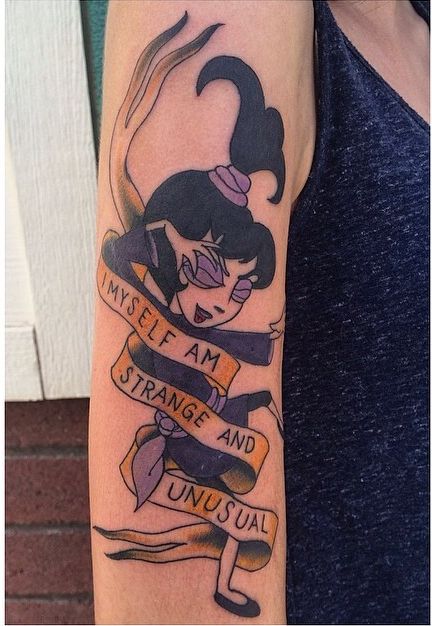 My amazing new tattoo of Lydia Deetz from Beetlejuice (cartoon version) Forward Tattoo, Beetlejuice Tattoo, Halloween Tattoo Ideas, Tim Burton Tattoo, Beetlejuice Cartoon, Unusual Tattoo, Strange And Unusual, Lydia Deetz, Halloween Tattoo