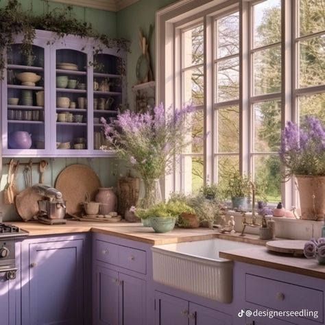 Whimsy Goth Kitchen, Dark Purple Kitchen, Coquette Asthetic, Lavender Kitchen, Purple Kitchen, Casa Country, Dream Place, Casa Vintage, Dream House Rooms