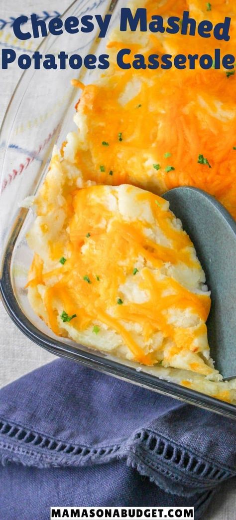 Cheesy Mashed Potato Casserole Loaded Mashed Potato Casserole Easy, Boxed Mashed Potatoes Recipe, Easy Mashed Potato Casserole, Christmas Cheesy Potatoes, Leftover Mashed Potato Casserole, Mashed Potatoes Casserole Recipes, Instant Mashed Potato Casserole, Mash Potato Casserole, Mashed Potatoes Casserole