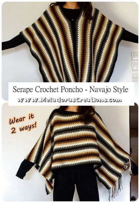 Serape Crochet Poncho – Navajo Style – Free crochet pattern – Meladora's Creations Crochet Wearable Blanket, Granny Square Poncho Pattern Free, Serape Poncho, Granny Square Poncho, Poncho Au Crochet, Poncho Patterns, Crochet Men, Boho Poncho, Crochet Poncho Free Pattern