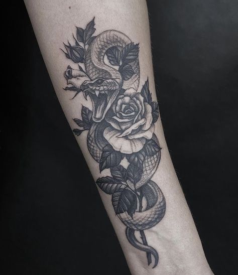 Snake And Rose Tattoo Men, Snake Cover Up Tattoos For Women, Snake And Rose Tattoo Design, Neck And Throat Tattoos, Rose And Snake Tattoo Design, Forearm Cover Up Tattoos For Women, Rose And Snake Tattoo, Outside Forearm Tattoo Men, Snake Forearm Tattoo