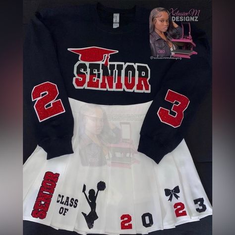 Custom Senior set😍😍❤️🖤🤍) Senior Night Cheer Outfits, Custom Senior Outfits, Senior Varsity Jacket, Senior Skirt Set, Senior Skirt, Homecoming Jeans Ideas, Homecoming Jeans, Senior Outfit Ideas, Senior Outfits